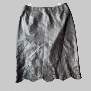 Peter Nygard Brown Buttery Leather Laser Cutout Hem Midi Skirt